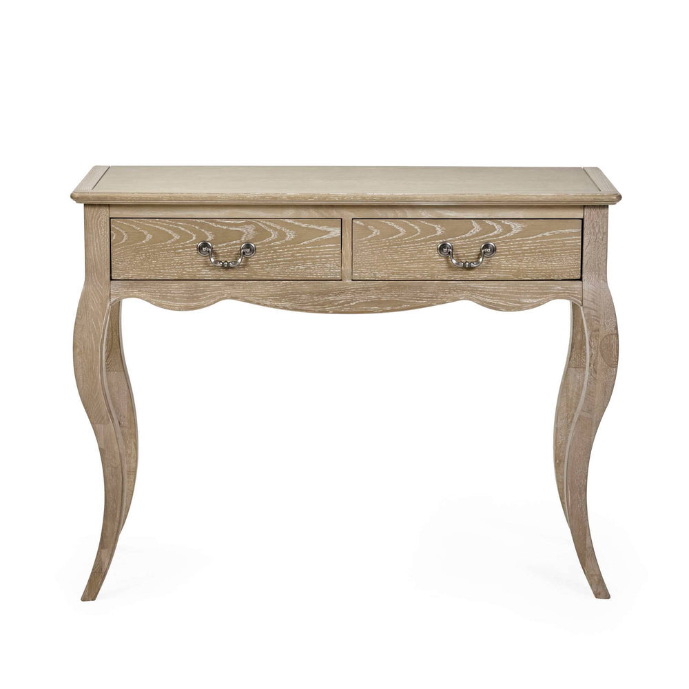 The Camille Console Table features a limed oak finish with elegant curved legs and two drawers adorned with decorative metal handles, perfect for adding a touch of sophistication to any entryway or living space