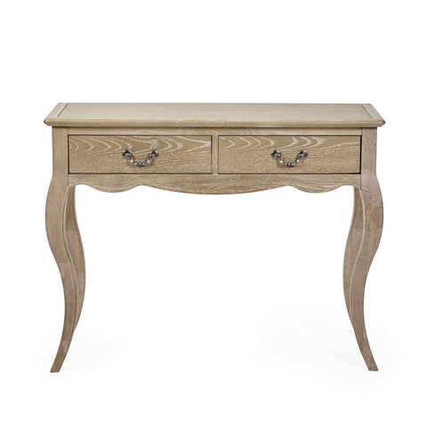 The Camille Console Table features a limed oak finish with elegant curved legs and two drawers adorned with decorative metal handles, perfect for adding a touch of sophistication to any entryway or living space