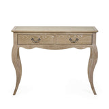 The Camille Console Table features a limed oak finish with elegant curved legs and two drawers adorned with decorative metal handles, perfect for adding a touch of sophistication to any entryway or living space