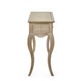 The Camille Console Table features a limed oak finish with elegantly curved legs and a smooth top, perfect for adding a touch of sophistication to any entryway or living space