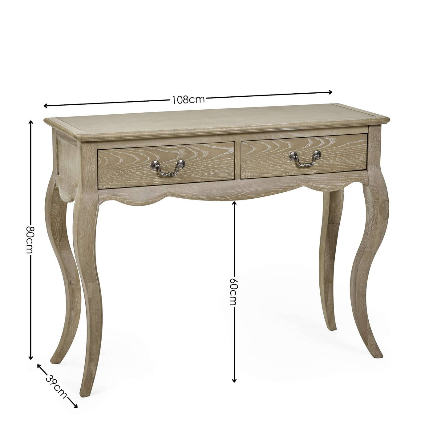 The Camille Console Table features a limed oak finish with elegant curved legs and two drawers, perfect for adding a touch of sophistication to any entryway or living space