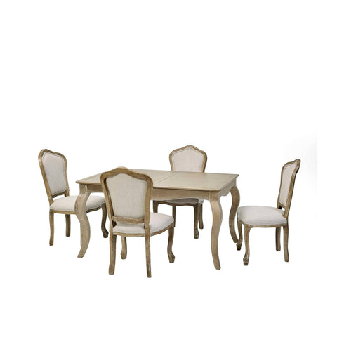 The Camille French Style Rectangular Extending Dining Table in limed oak features a classic design with elegantly curved legs and is accompanied by four upholstered chairs with soft, neutral fabric, perfect for a stylish dining room setting