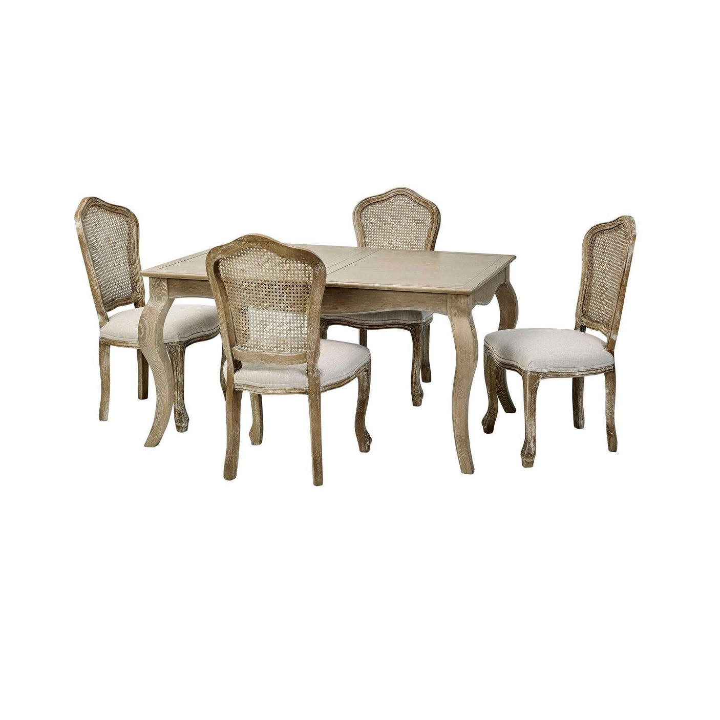 The Camille French Style Rectangular Extending Dining Table in limed oak features elegantly curved legs and is accompanied by four matching chairs with caned backs and soft upholstered seats, perfect for a stylish dining setting