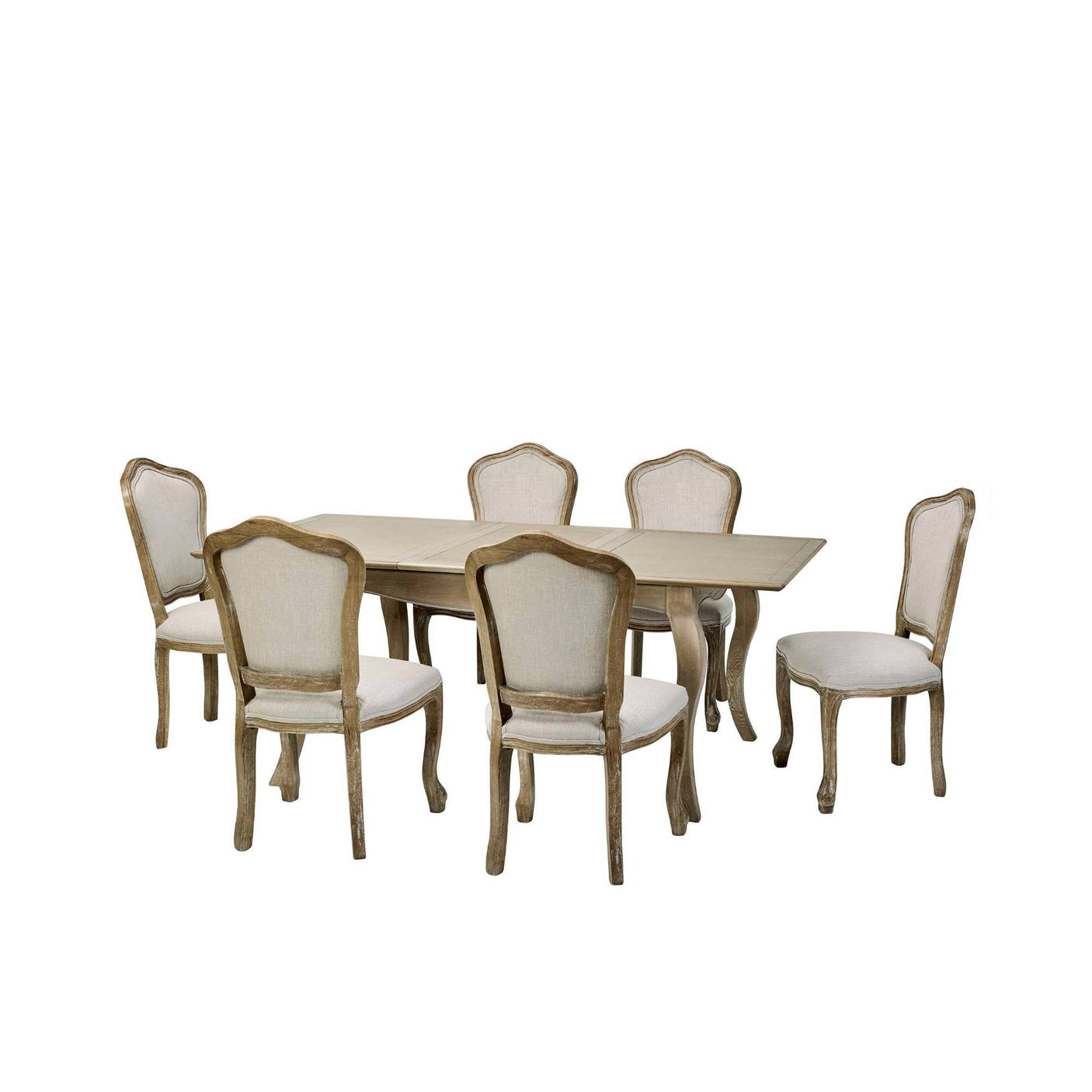 The Camille French Style Rectangular Extending Dining Table in limed oak features a classic design with a smooth surface and is accompanied by six upholstered chairs with elegant curved backs and neutral fabric, perfect for a stylish dining room setting