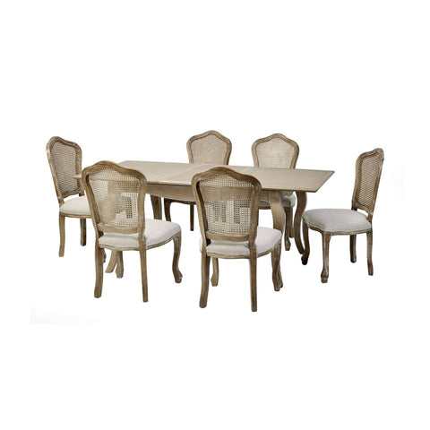 The Camille French Style Rectangular Extending Dining Table in limed oak features a classic design with elegantly curved legs and is accompanied by six matching chairs with caned backs and soft upholstered seats, perfect for a stylish dining room setting