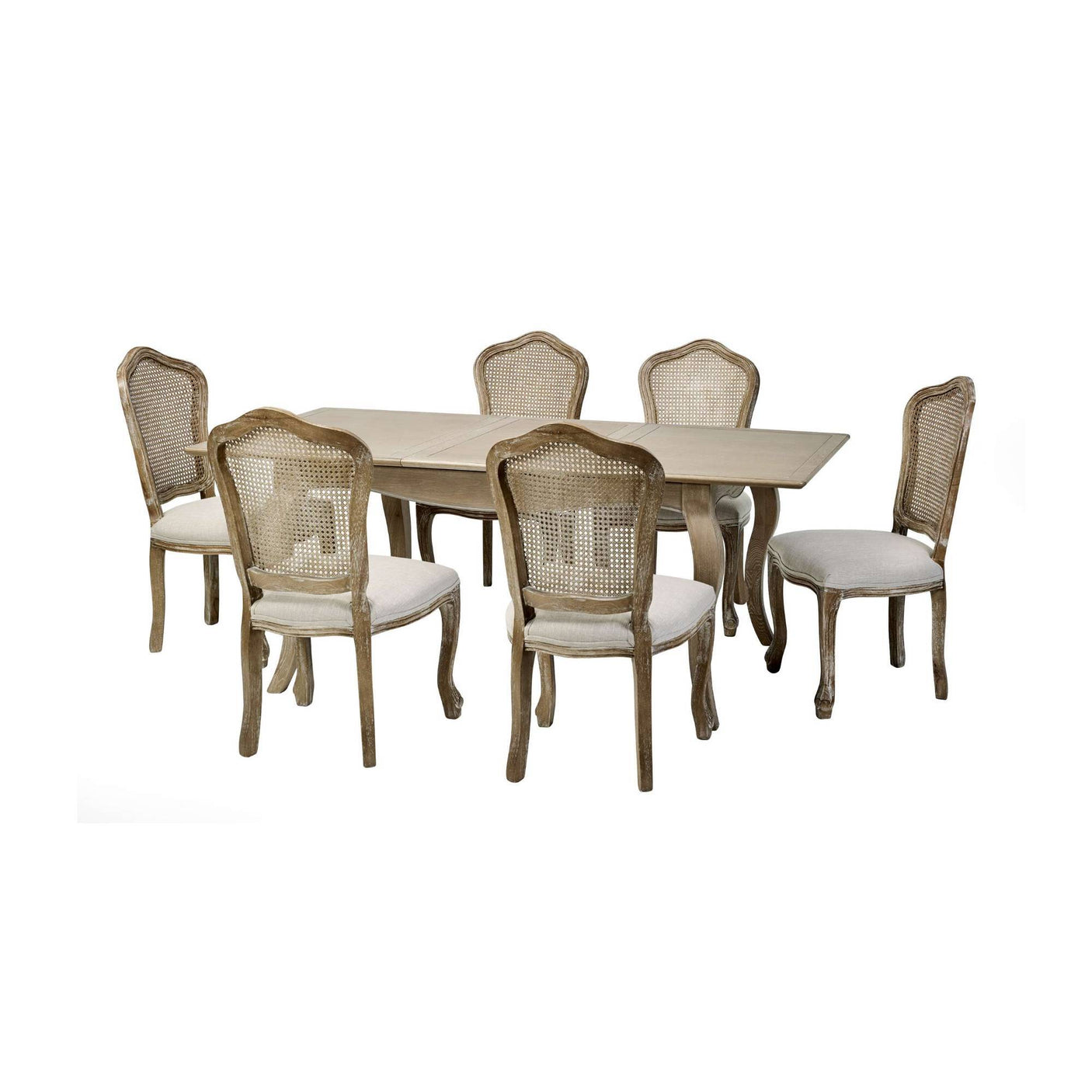 The Camille French Style Rectangular Extending Dining Table in limed oak features a classic design with elegantly curved legs and is accompanied by six matching chairs with caned backs and soft upholstered seats, perfect for a stylish dining room setting