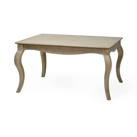 The Camille French Style Rectangular Dining Table features a limed oak finish with elegantly curved legs, designed to comfortably seat 4-6 people in a stylish dining setting