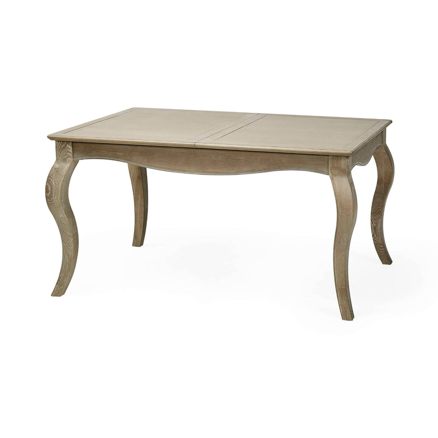 The Camille French Style Rectangular Dining Table features a limed oak finish with elegantly curved legs, designed to comfortably seat 4-6 people in a stylish dining setting