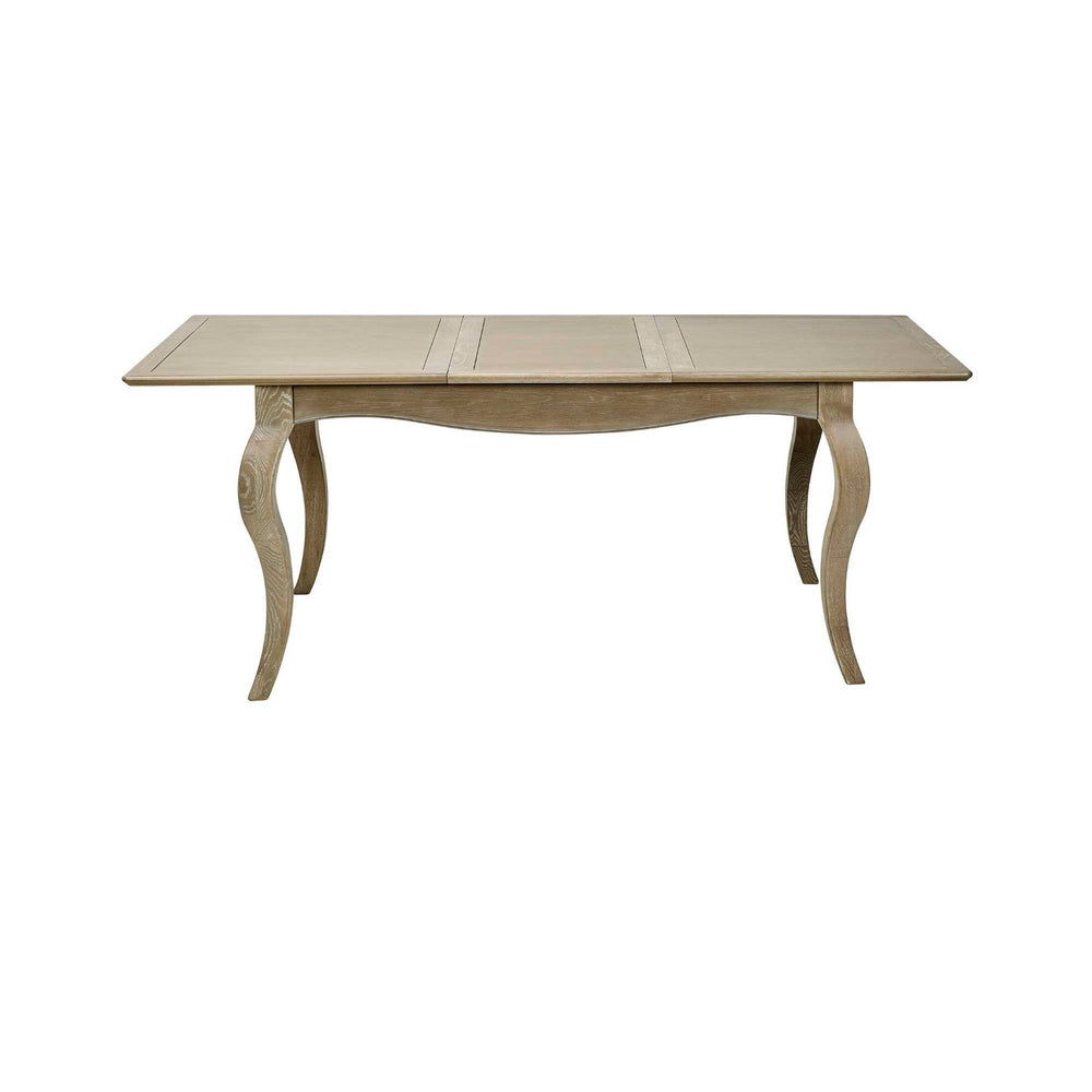 The Camille French Style Rectangular 4-6 Seater Extending Dining Table features a limed oak finish with elegantly curved legs, showcasing a classic design suitable for dining rooms