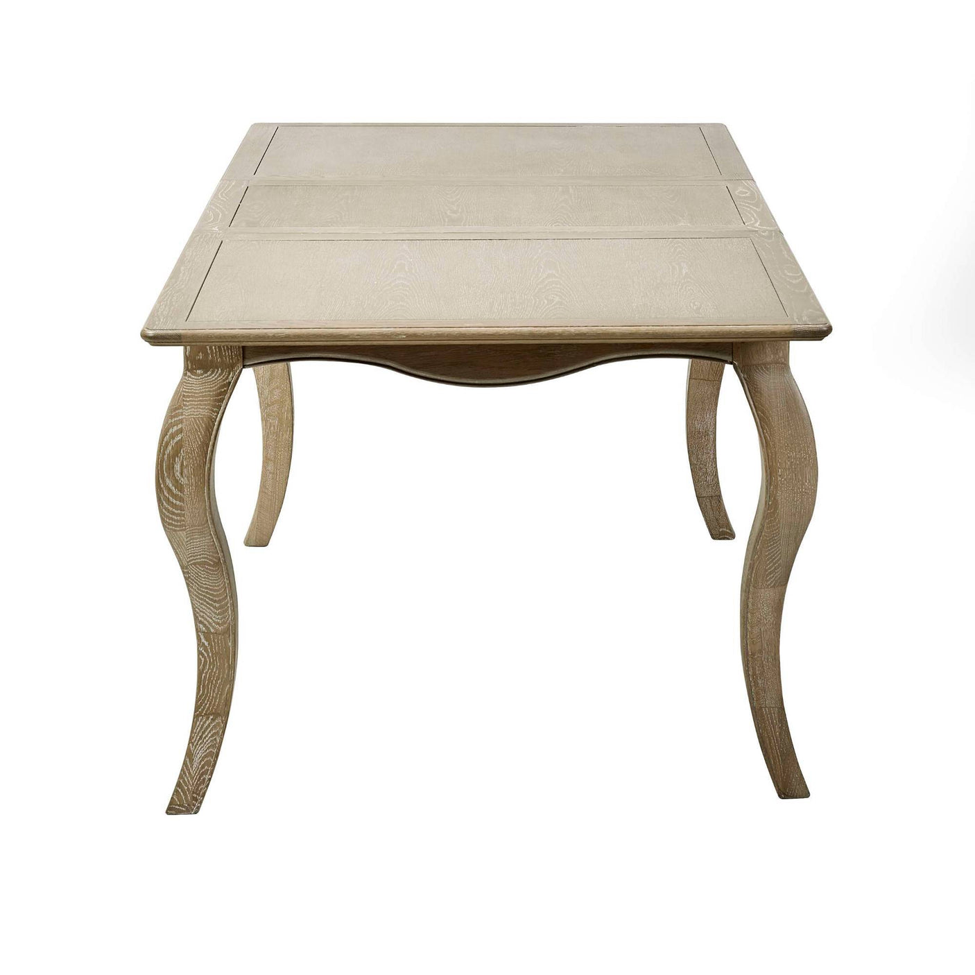 The Camille French Style Rectangular Extending Dining Table features a limed oak finish with elegantly curved legs, designed to comfortably seat 4 to 6 people
