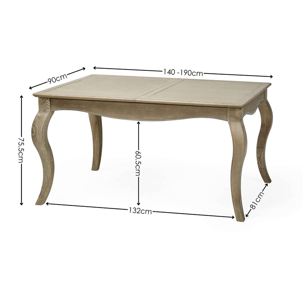 The Camille French Style Rectangular Dining Table features a limed oak finish with elegantly curved legs, designed to extend from 140cm to 190cm, making it perfect for 4 to 6 diners in a stylish dining setting