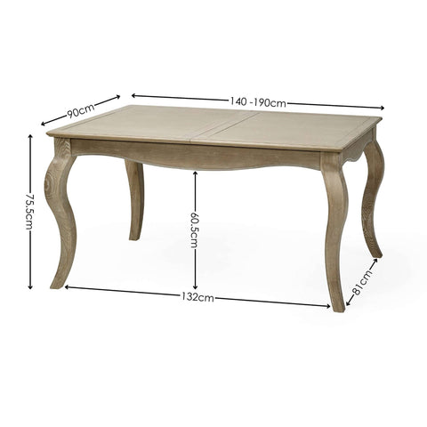 The Camille French Style Rectangular Dining Table features a limed oak finish with elegantly curved legs, designed to extend from 140cm to 190cm, making it perfect for 4 to 6 diners in a stylish dining setting