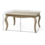 The Camille French Style Rectangular Dining Table features a limed oak finish with elegantly curved legs, designed to extend from 140cm to 190cm, making it perfect for 4 to 6 diners in a stylish dining setting