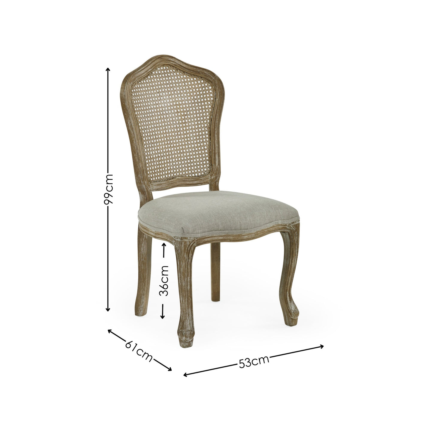 Single dining chair with cane back, grey cushioned seat, and carved wooden frame with dimensions