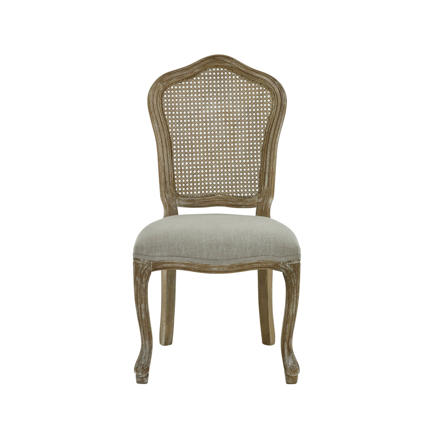 Front view of beige rattan dining chair with carved light wood frame on white background