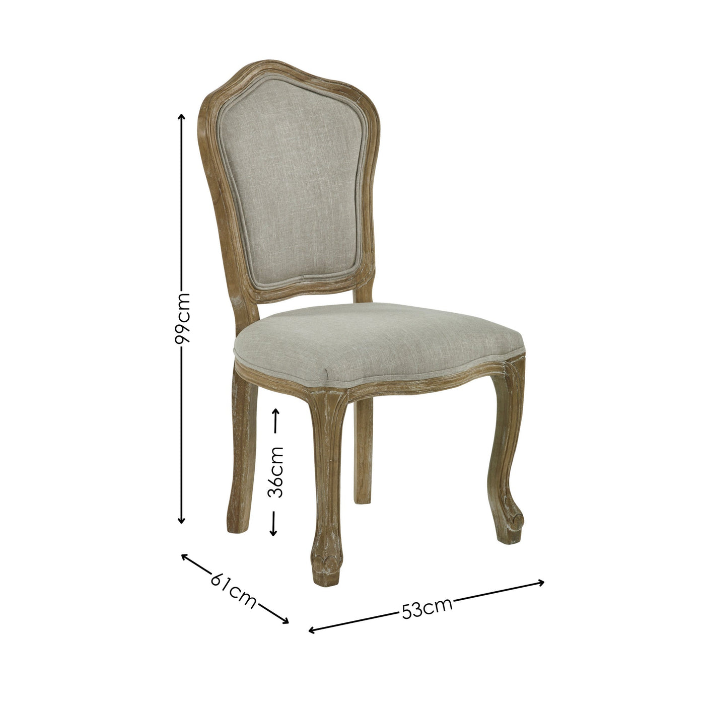 Beige upholstered wooden dining chair with carved legs shown with height and width dimensions in centimeters.