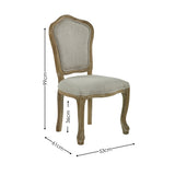 Beige upholstered wooden dining chair with carved legs shown with height and width dimensions in centimeters.