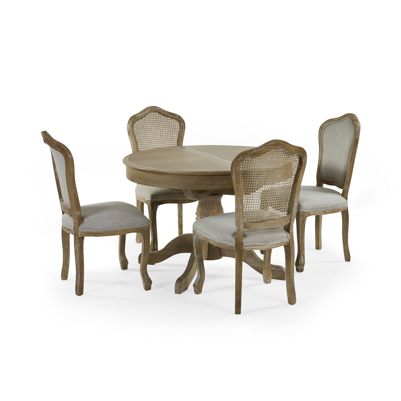 Round wooden dining table with four beige dining chairs, two with cane backs, on white background.