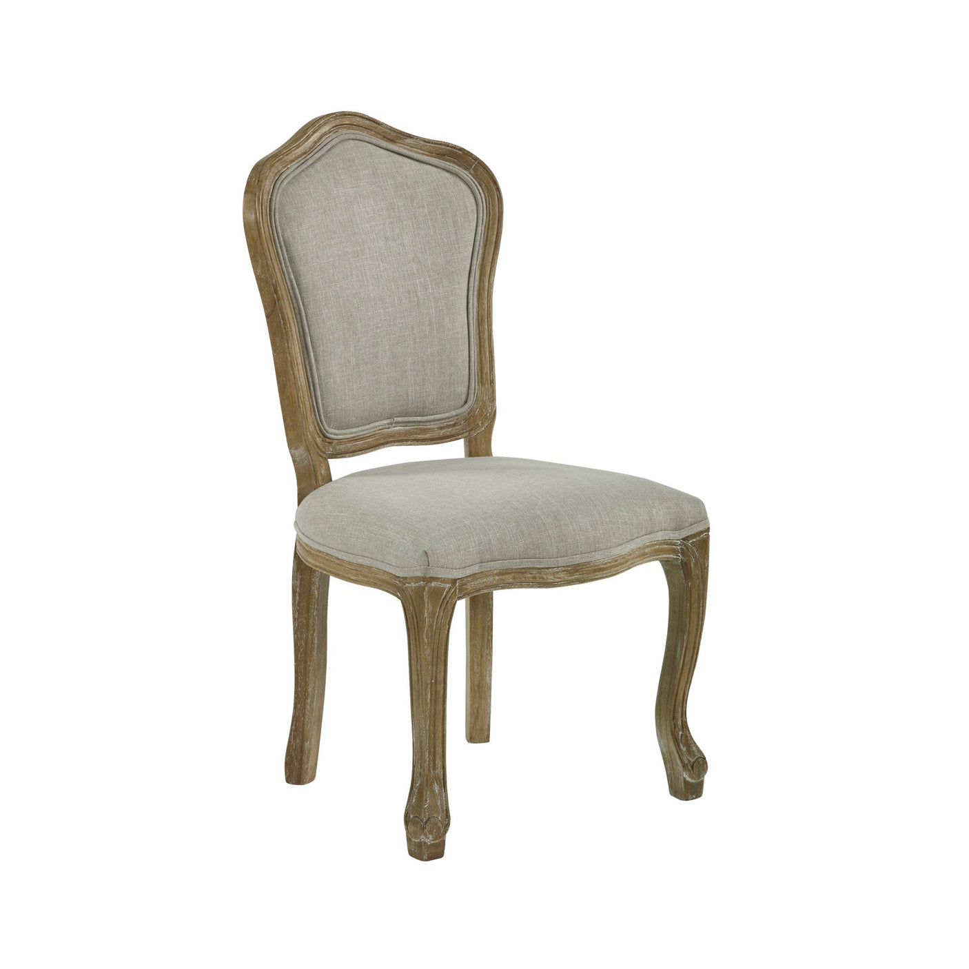 Angled side view of beige upholstered dining chair showing weathered wood frame and legs