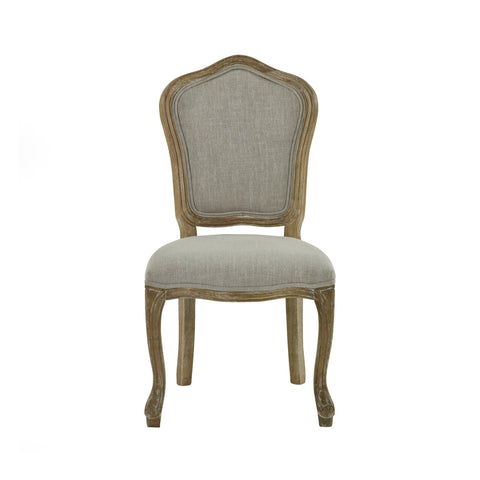 Front view of beige upholstered dining chair with curved weathered wood frame and legs