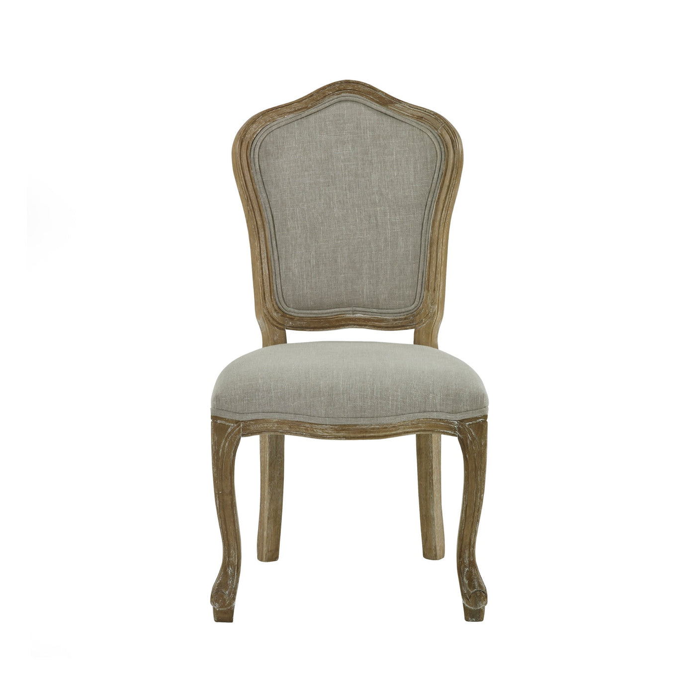 Front view of beige upholstered dining chair with curved weathered wood frame and legs