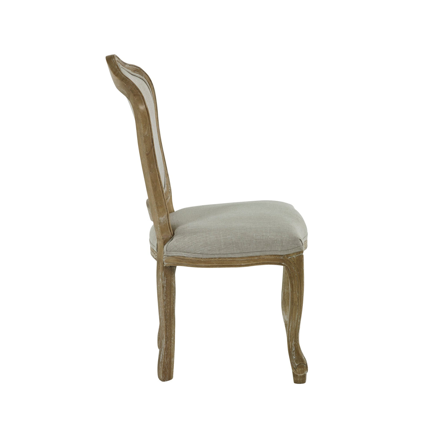 Side profile of beige upholstered dining chair with curved wooden legs and frame