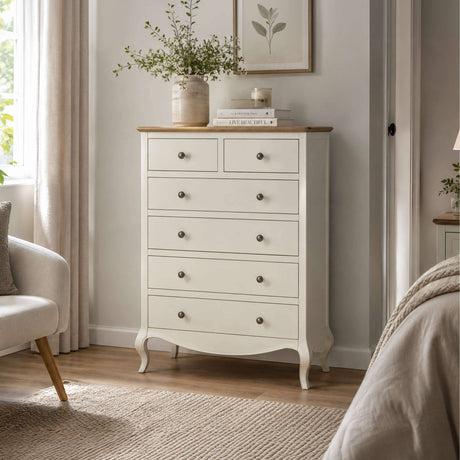 Camille 4 + 2 Chest Ivory in a bedroom setting with limed oak top