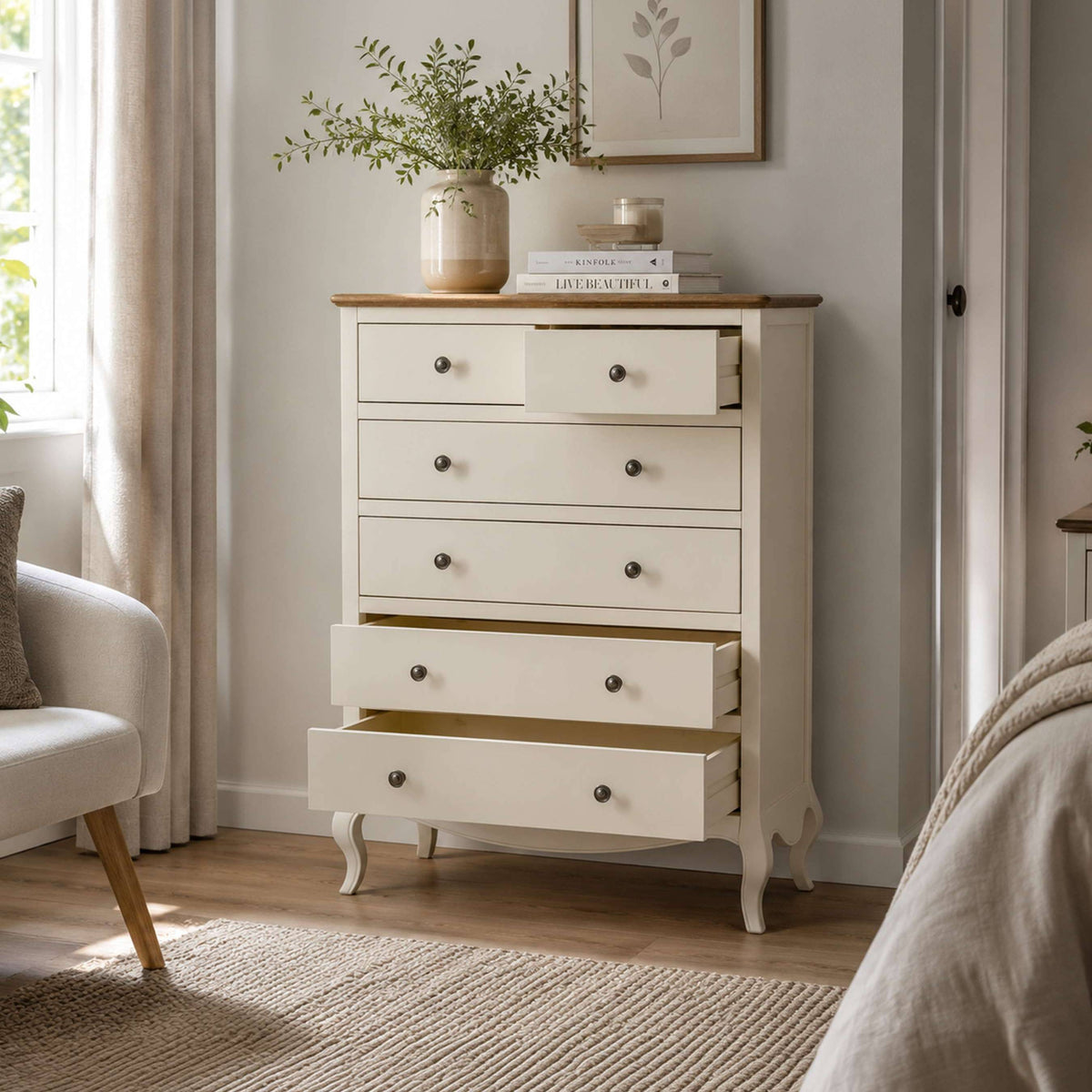 Camille 4 + 2 Chest Ivory in a bedroom setting with drawers open
