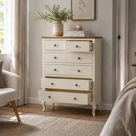 Camille 4 + 2 Chest Ivory in a bedroom setting with drawers open