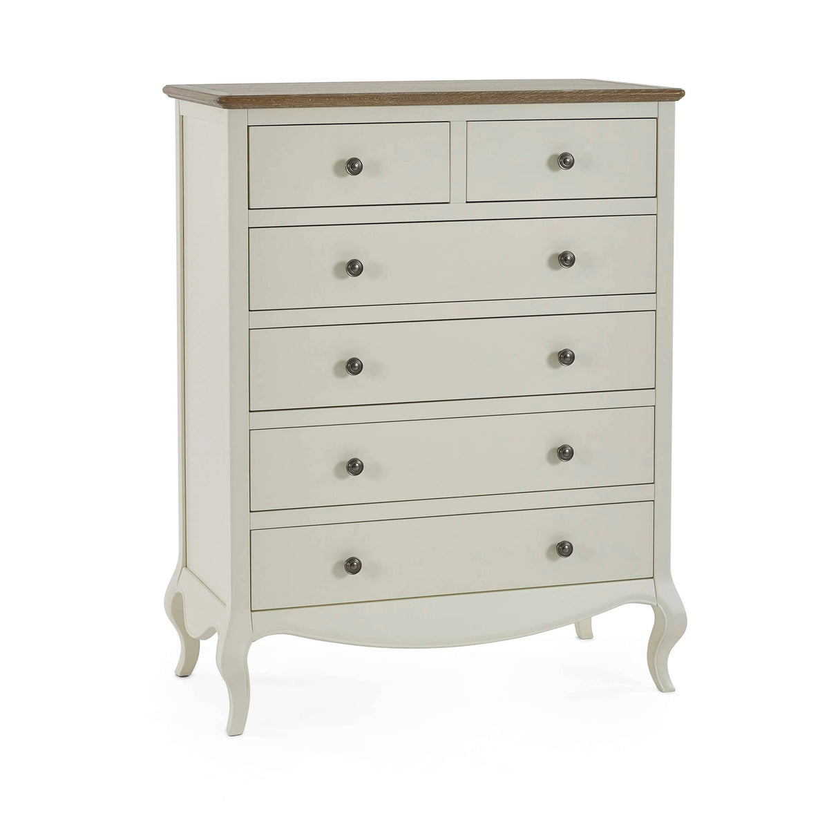 Camille 4 + 2 Chest Ivory, angled view showing cabriole legs and silver-effect handles