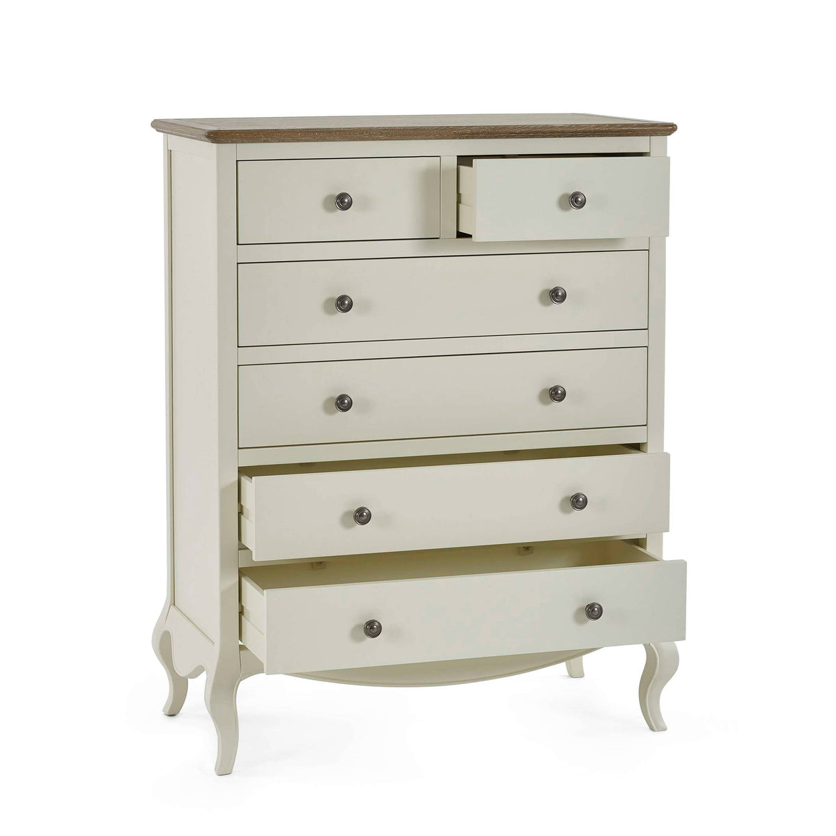Camille 4 + 2 Chest Ivory, angled view with drawers open