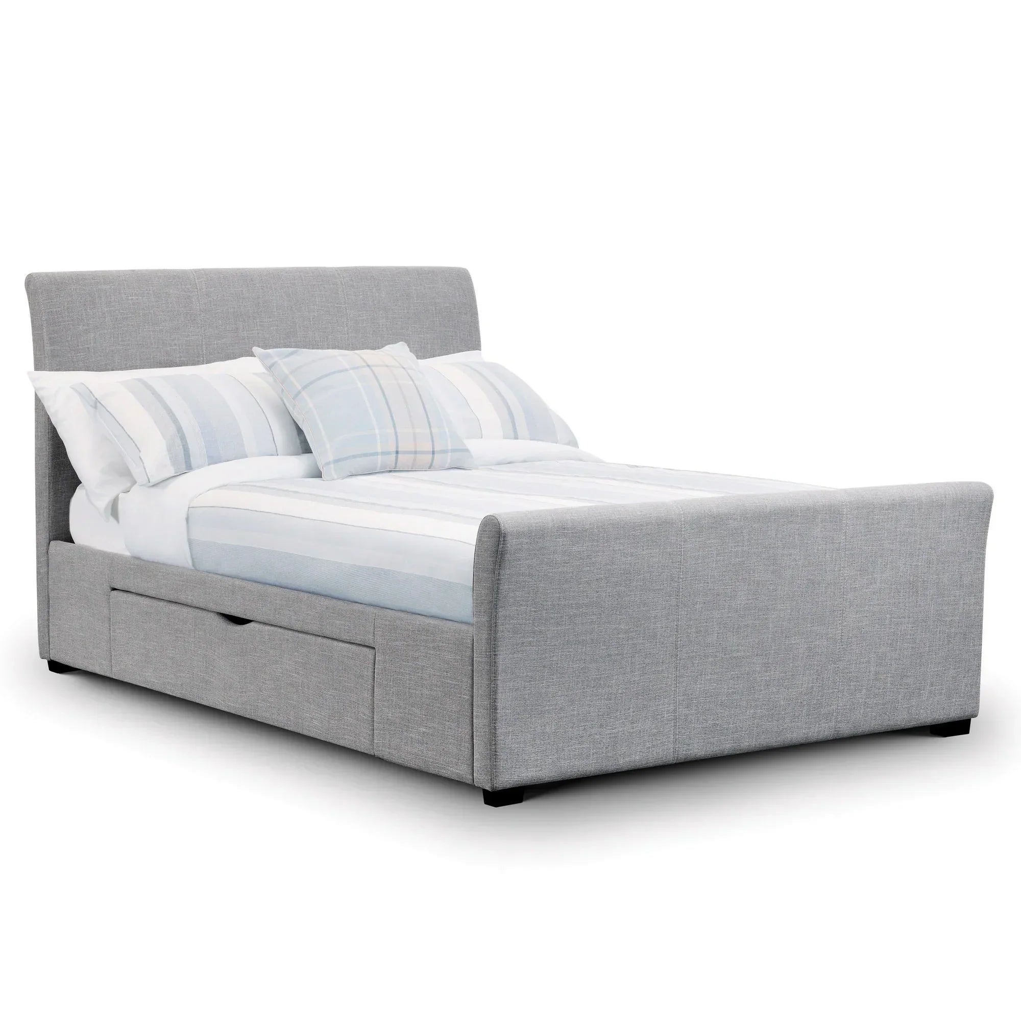 Light grey super king bed with upholstered frame and underbed storage drawers, angled view