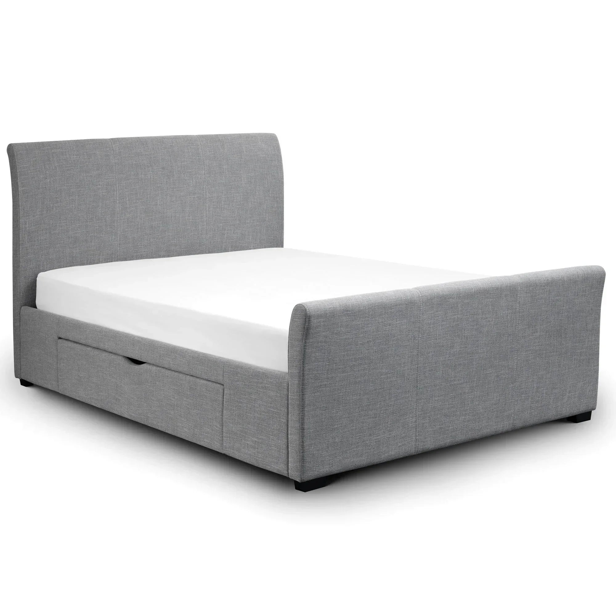 Light grey upholstered super king bed with storage drawer, angled side-front view