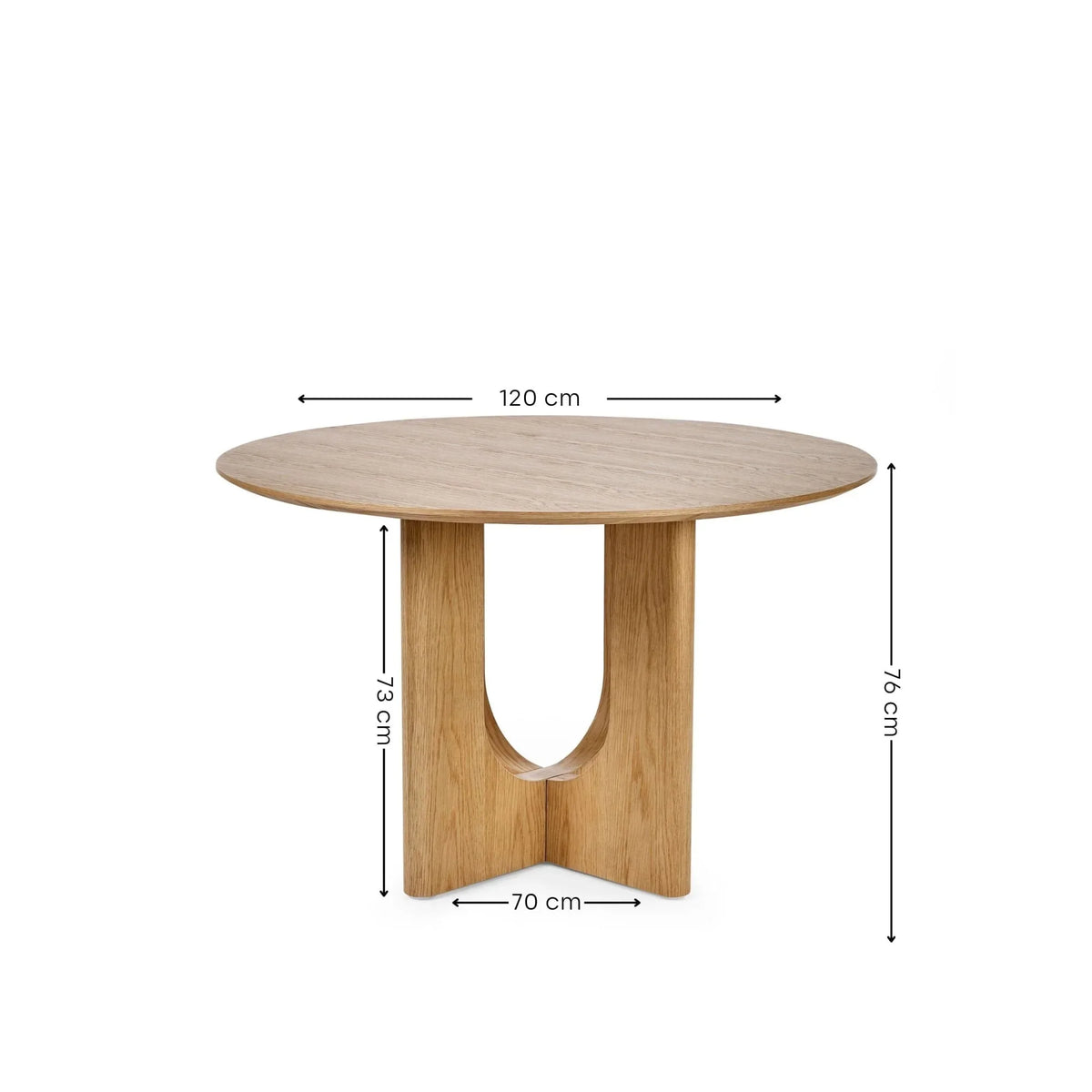 Round oak dining table with modern wood base, shown with dimensions