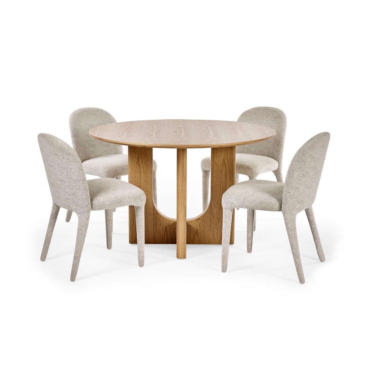 Round oak dining table with curved base and four upholstered beige dining chairs