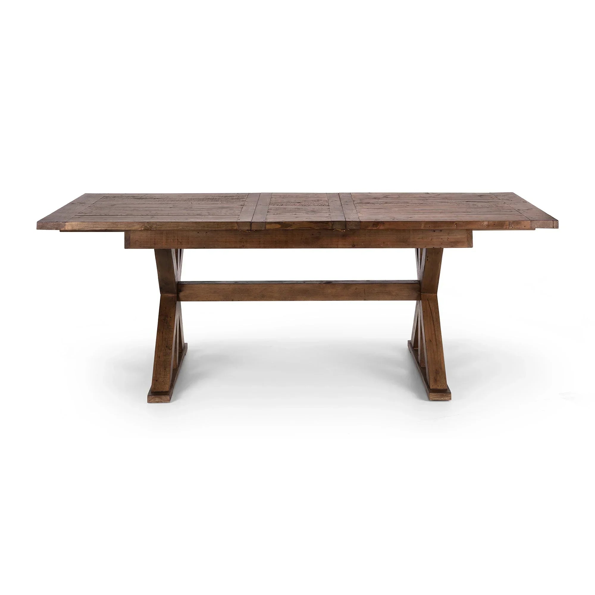 Rectangular wooden extending dining table with trestle legs on white background
