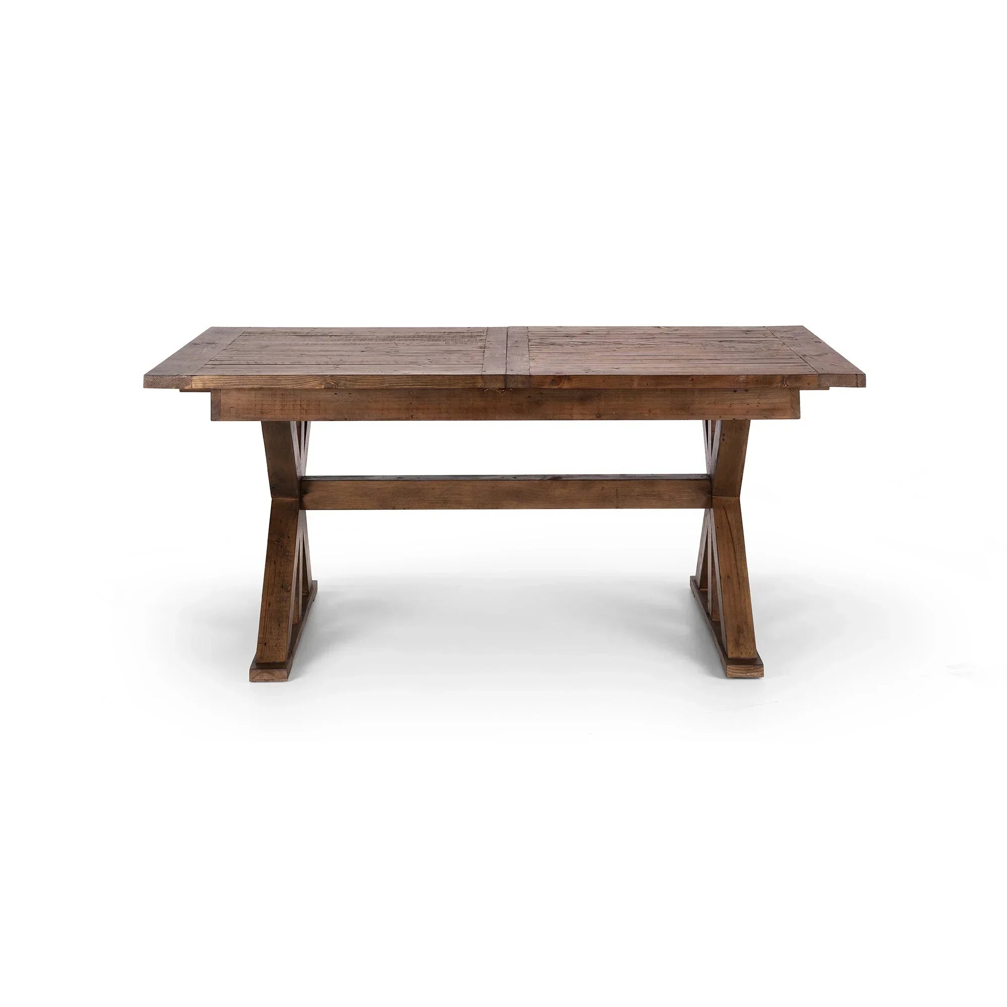 Rectangular extending dining table with wooden trestle base and exposed grain finish, front view