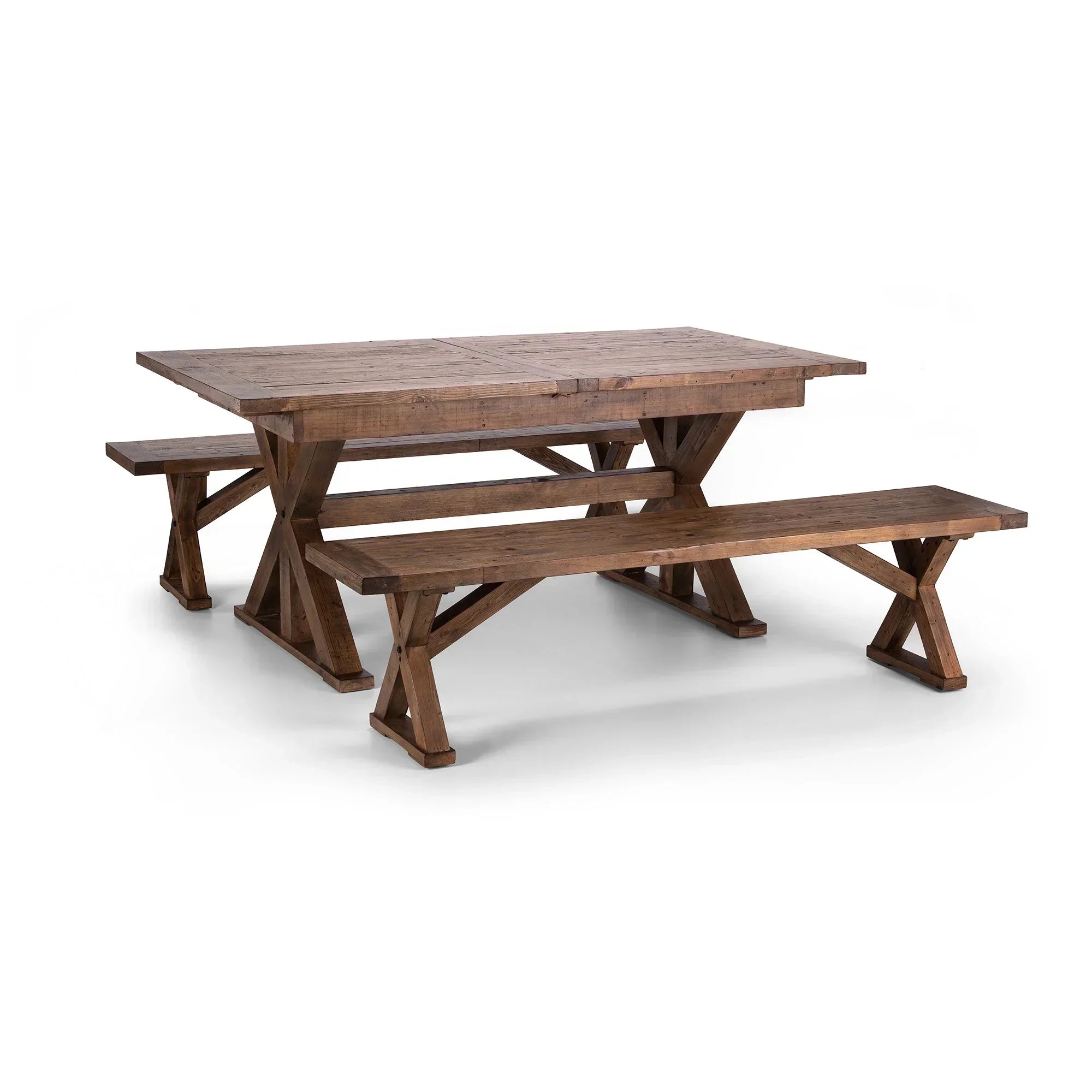 rustic oak extending dining table with cross-leg benches on white background