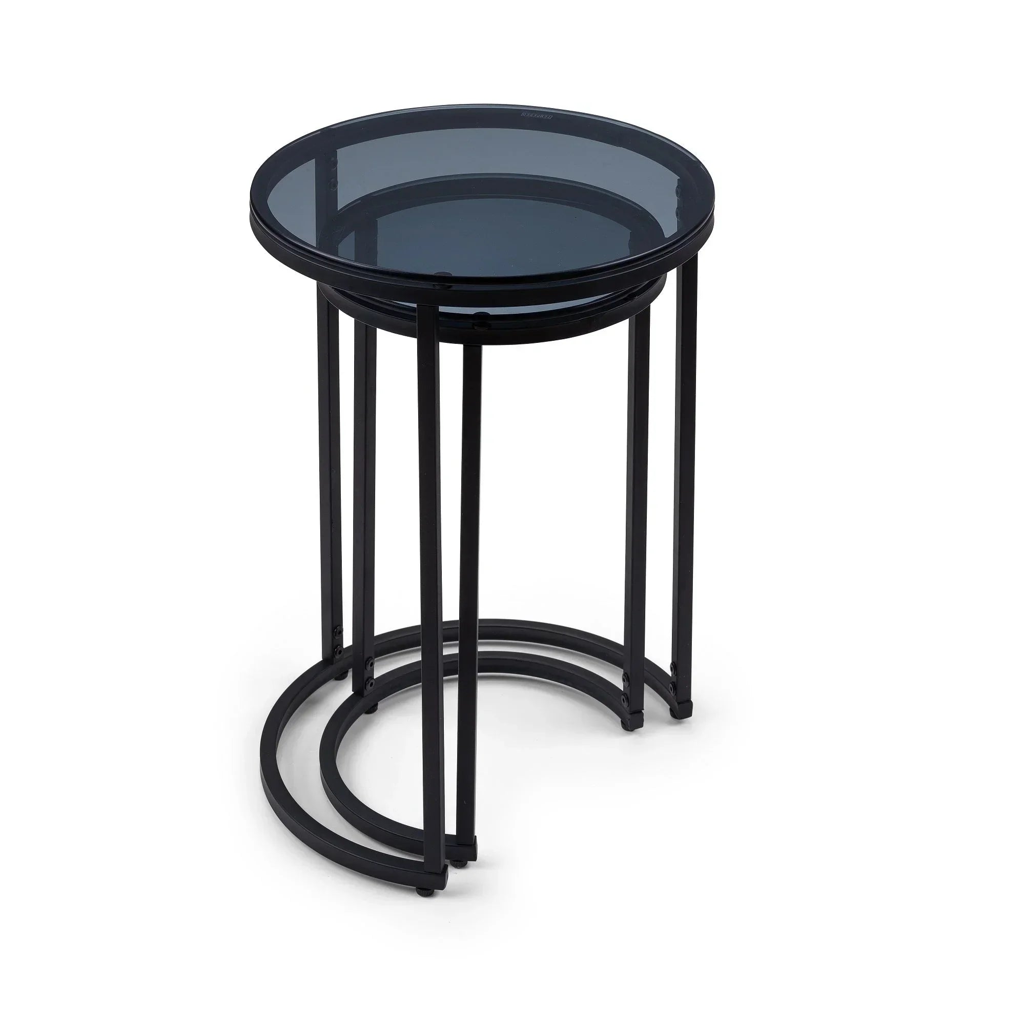 Round nesting side tables with black metal frame and glass tops, stackable design