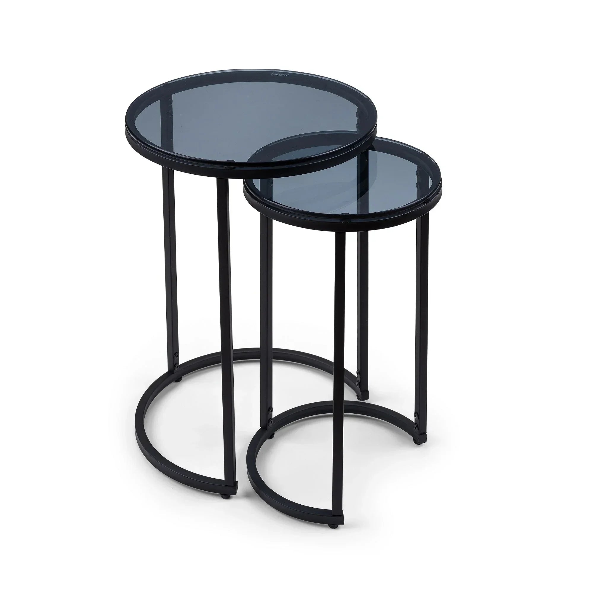 Black metal round nesting side tables with smoked glass tops on white background