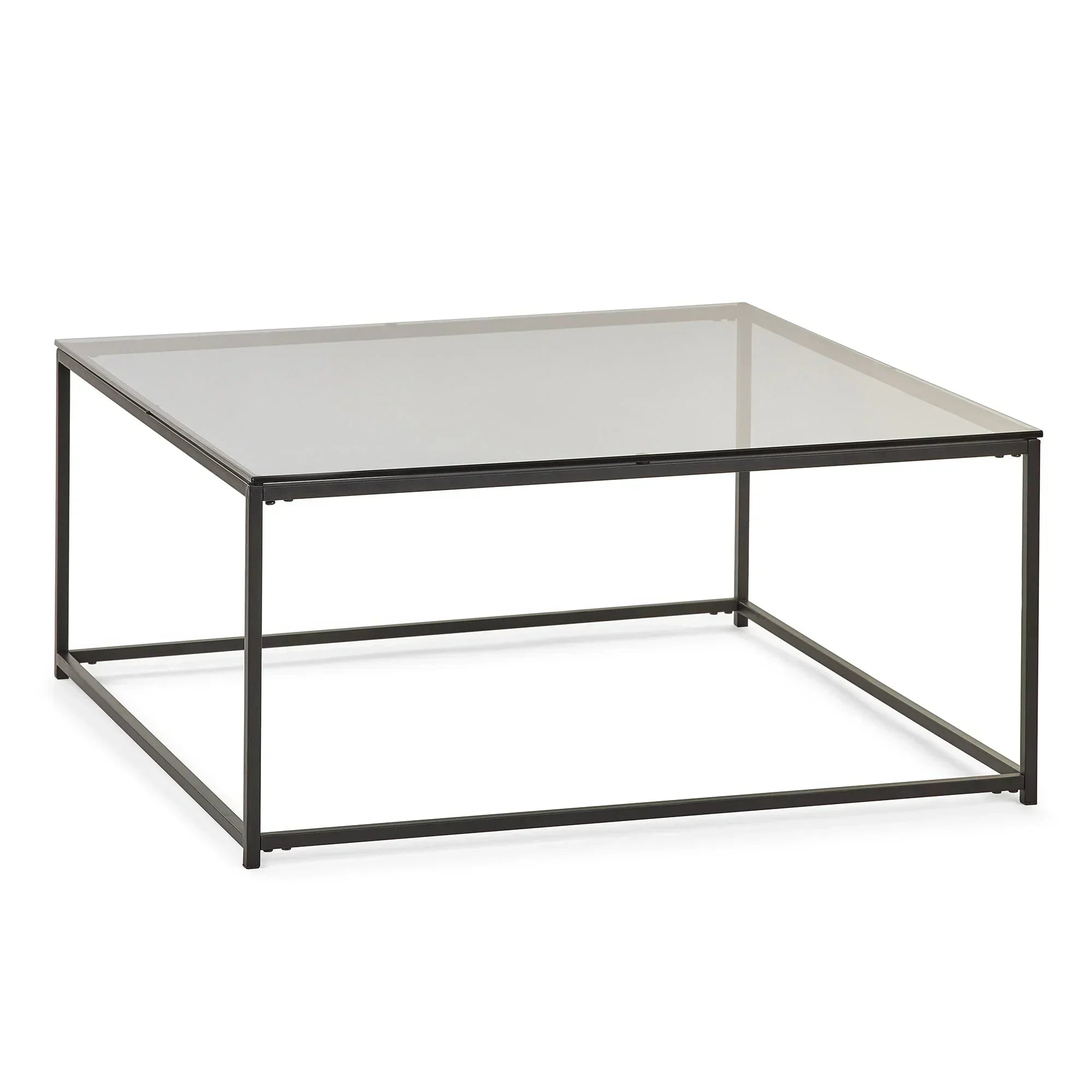 Square glass coffee table with black metal frame on white background
