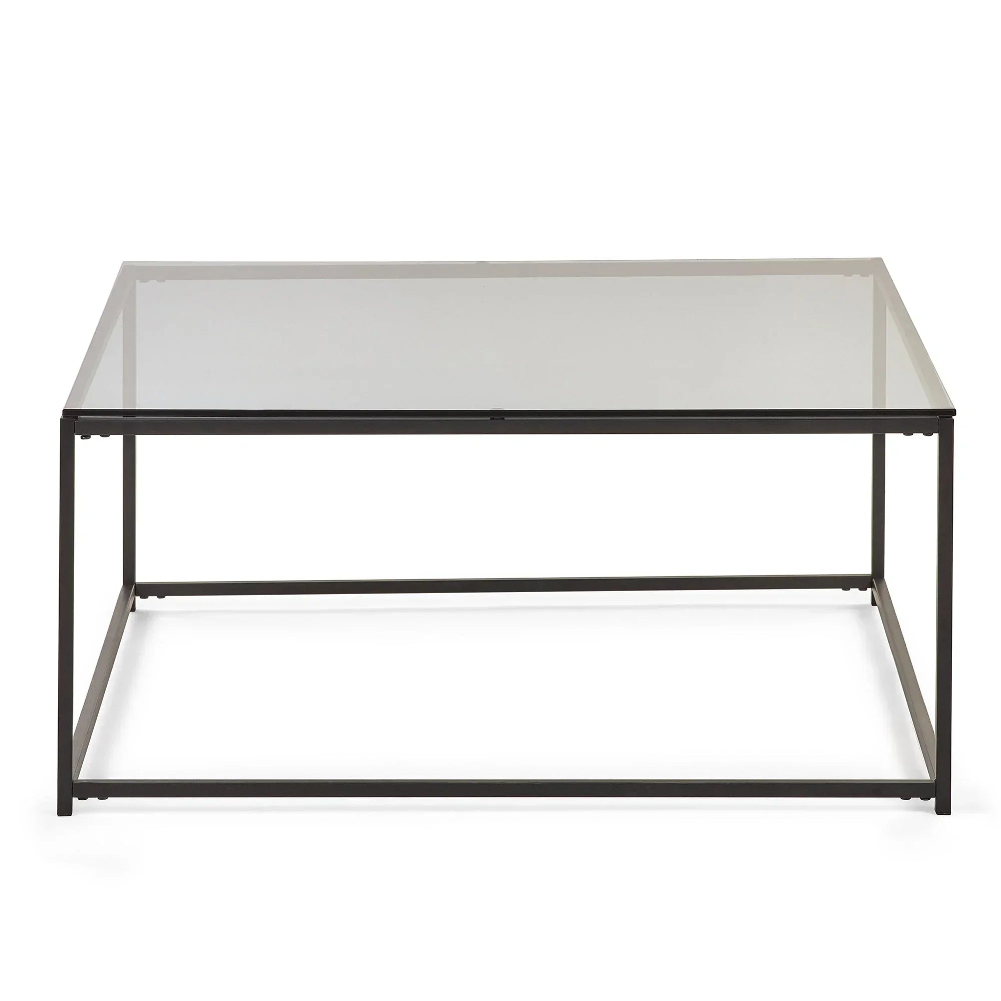 Square coffee table with clear glass top and black metal frame, front view