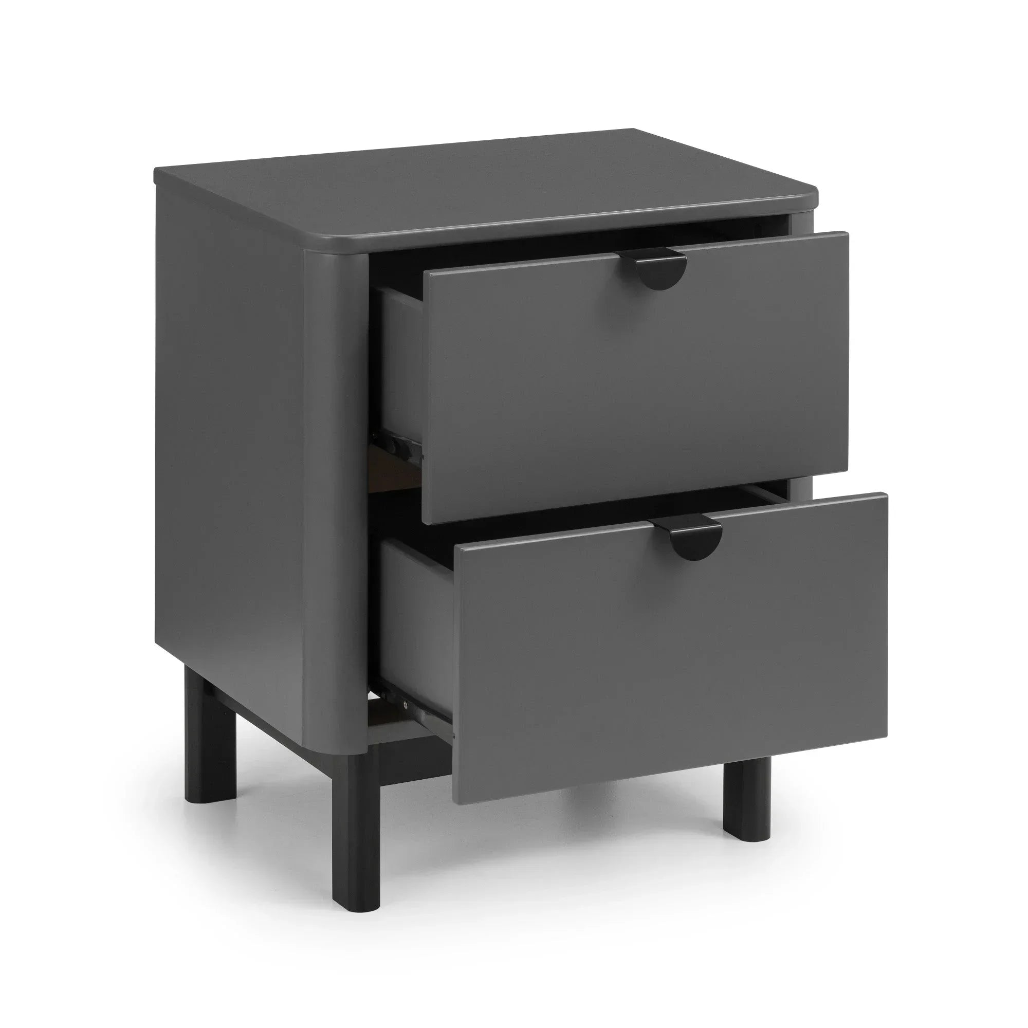 Grey bedside table with two open drawers and black legs on white background