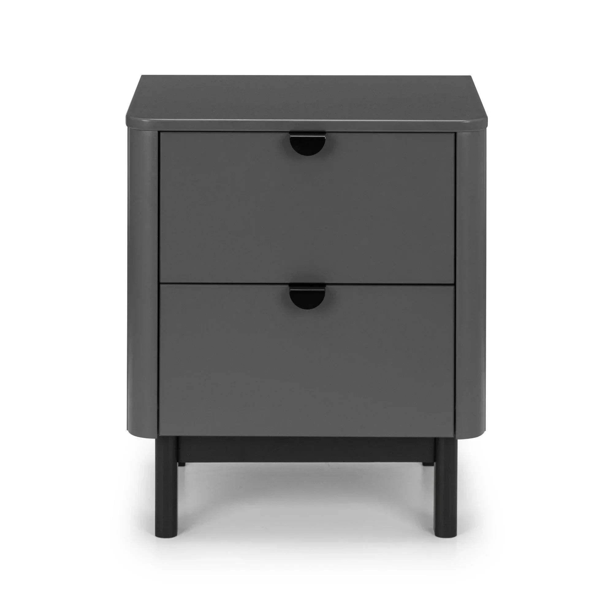 Modern grey bedside table with two drawers and black legs, front view