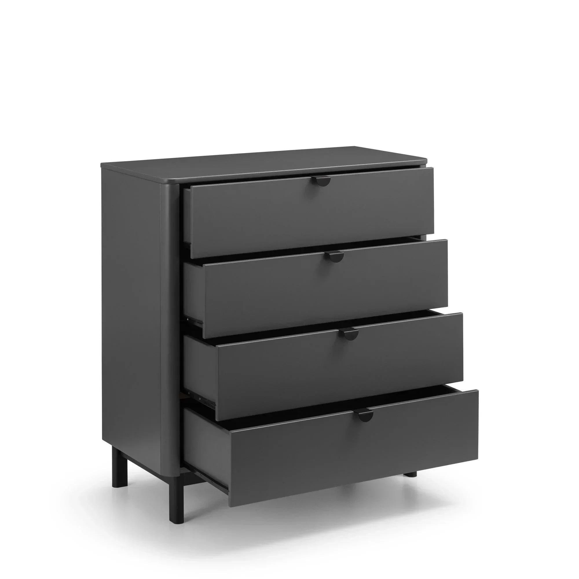 Black chest of drawers with four open drawers and modern metal legs