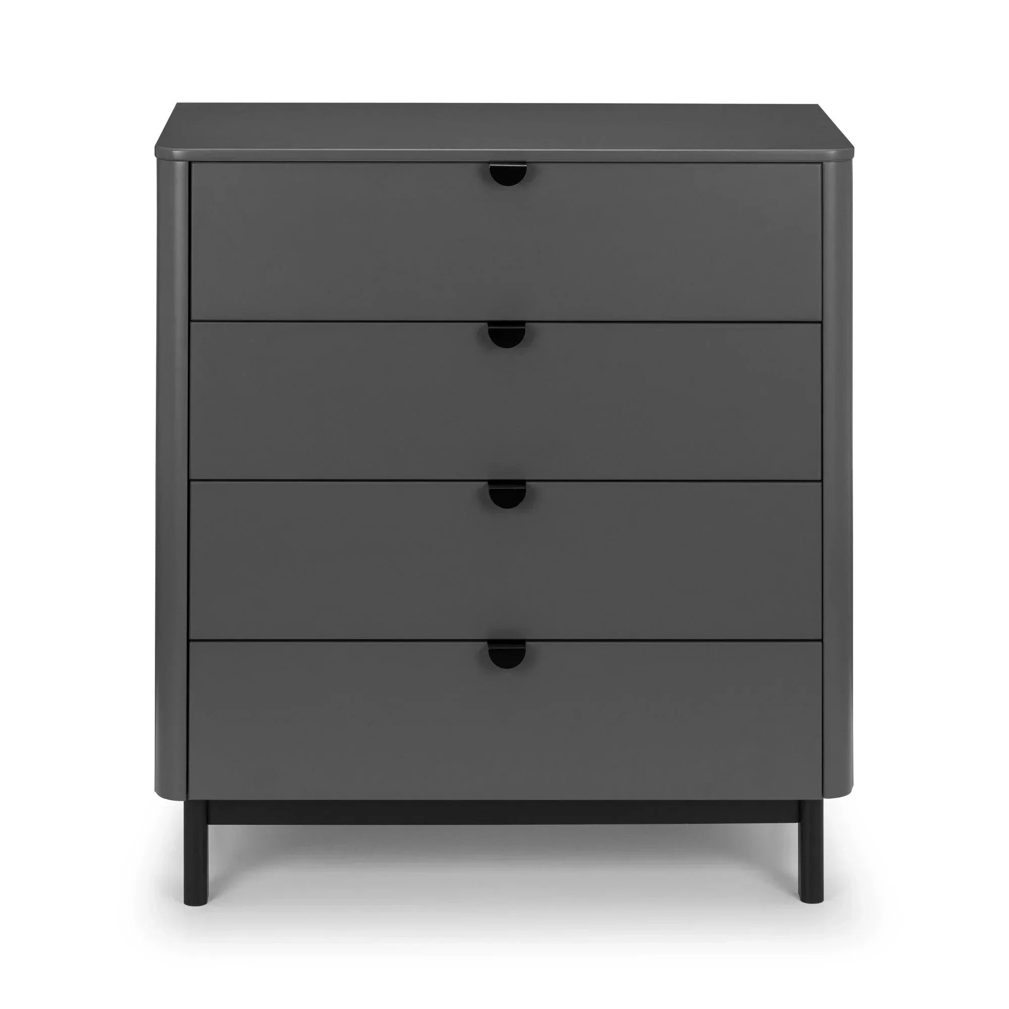 Charcoal grey chest of drawers with four pull handles, modern design, front view