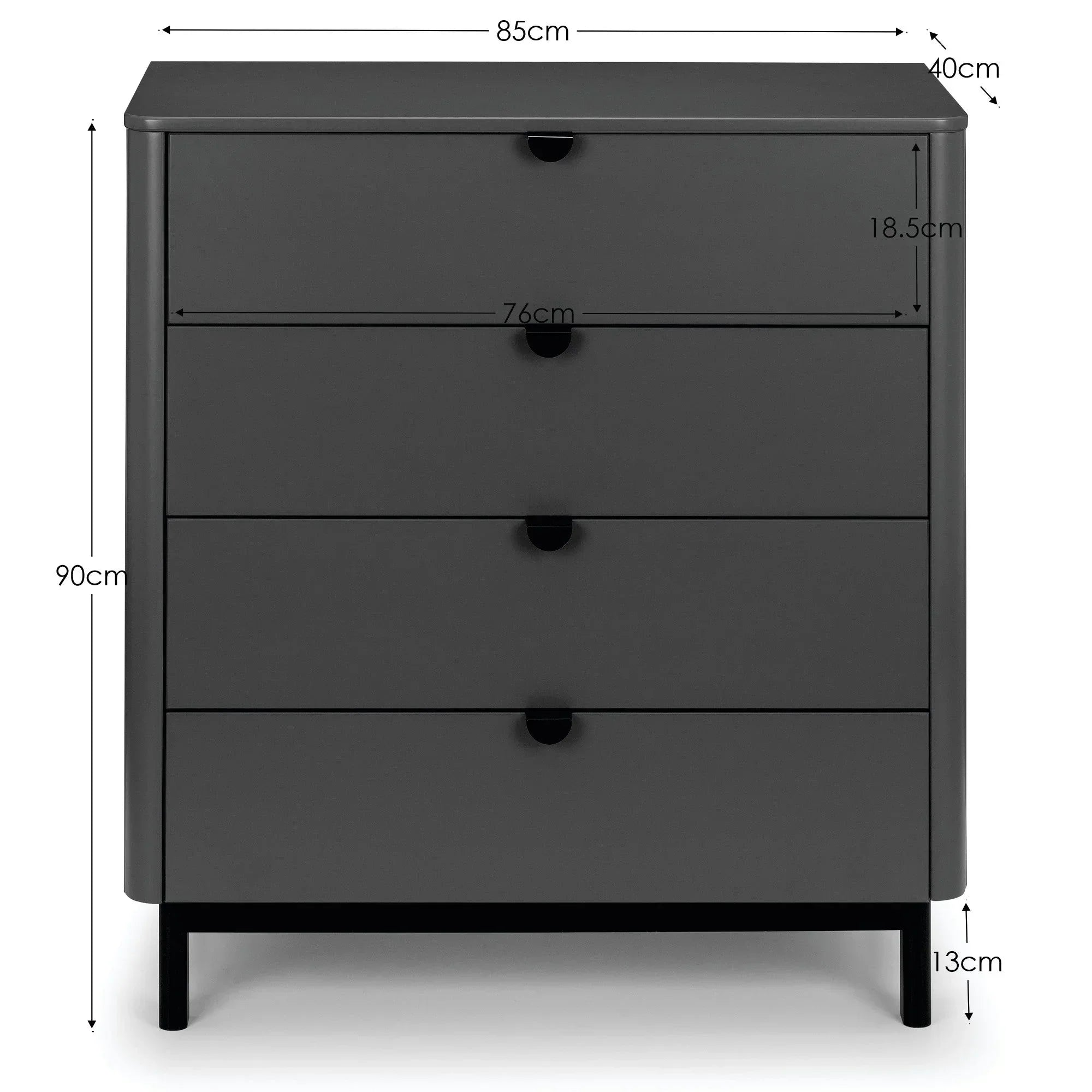 Charcoal chest of drawers with four handles, dimension lines showing height and width