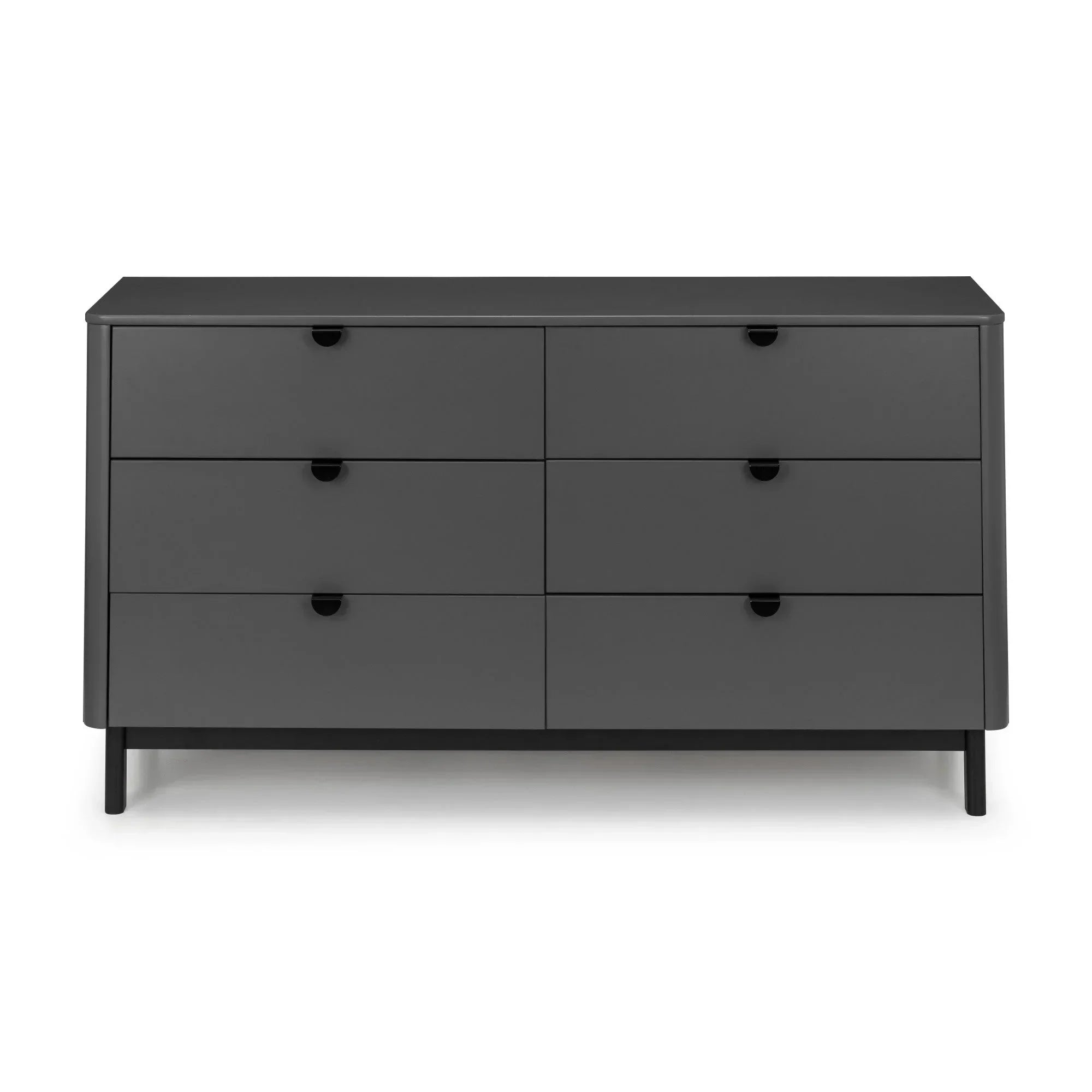 Modern black dresser with six drawers and cut-out handles, front view