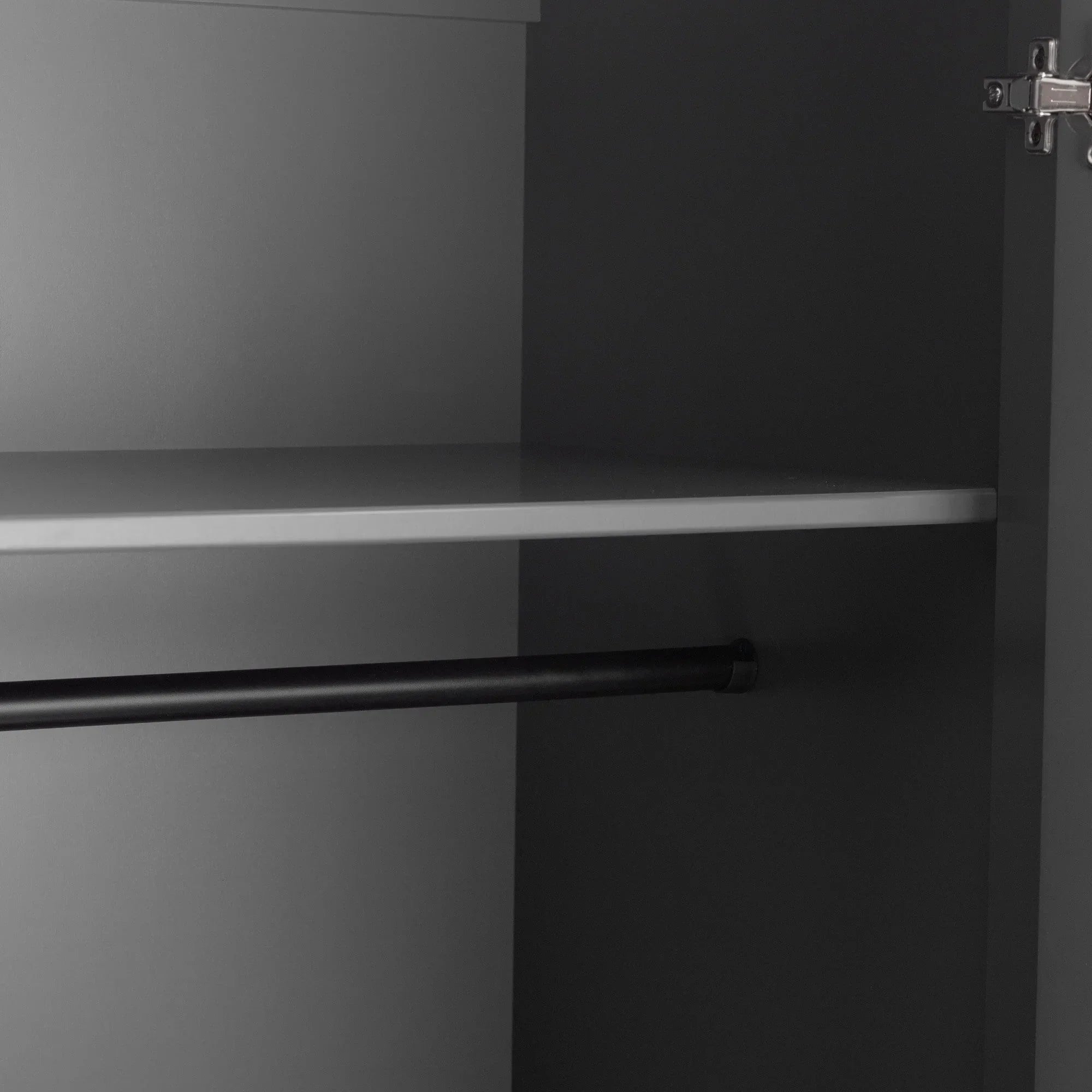 Grey wardrobe interior with shelf and black hanging rail