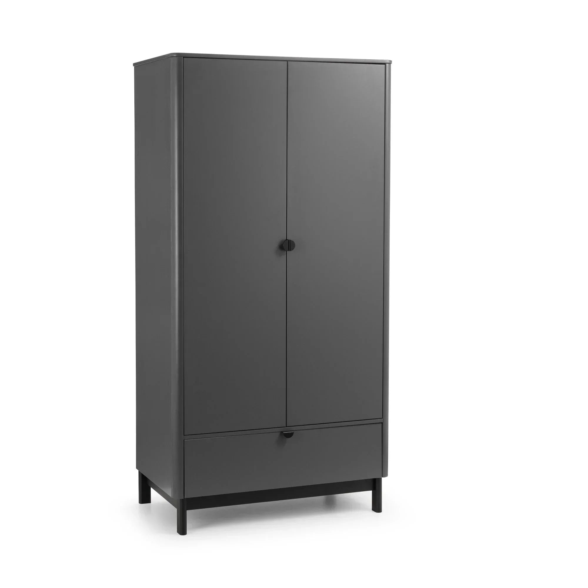 Dark grey wardrobe with two doors and lower drawer, minimalist design, freestanding